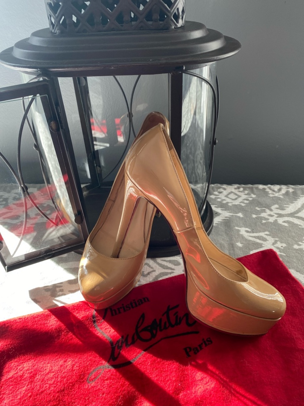 Christian Louboutin Nude Patent Platform Pumps with Hidden Platform with Dusty